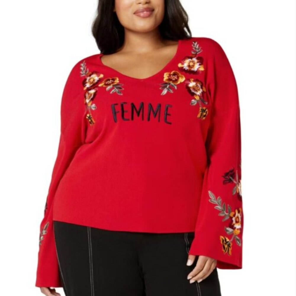 INC International Concepts Large Red Floral Embroidered Flare Sleeve Sweater